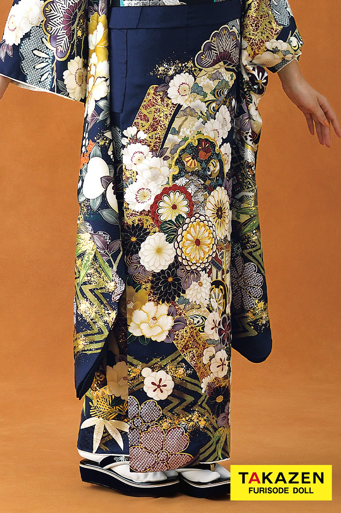 正統派古典 青(ブルー)/藍色 菊柄/御所車柄 豪華 華やか 清楚 統一感の  