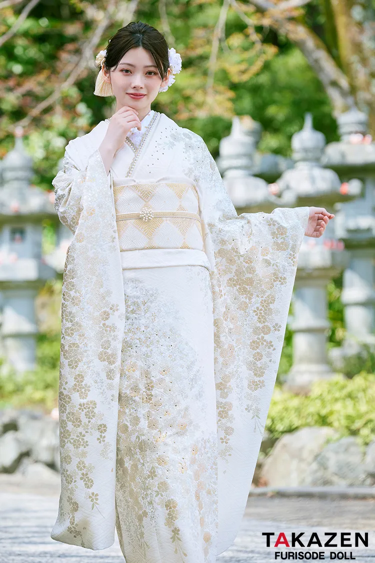 高級古典　白金/白地　桜柄　きれいめ　柄小さめ　エレガント　上品　綺麗系　はんなり　振袖ネットレンタル　LB44