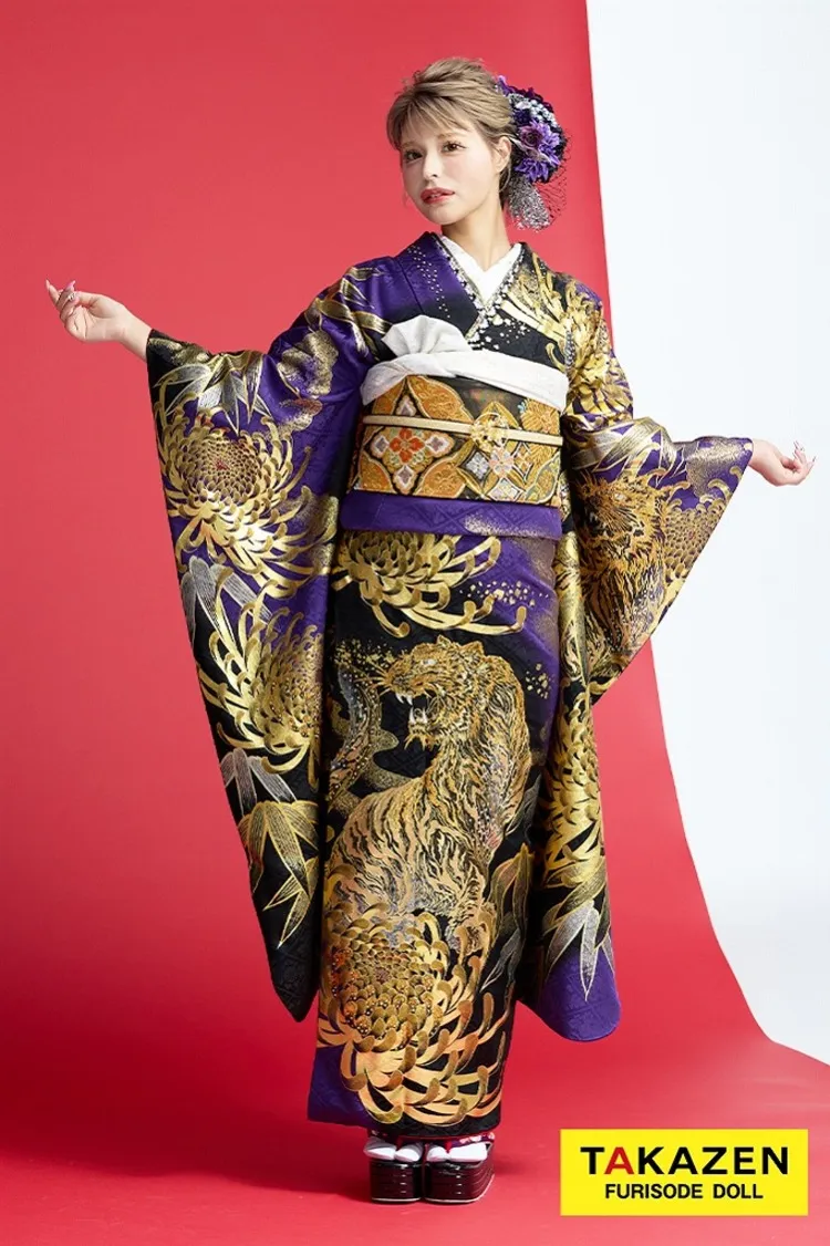 ジャパンモード　紫/ゴールド(金色)　本家虎柄　一番目立つ　ギャル振袖　ド派手　渋い　キラキラスワロフスキー付き　花魁風　今井アンジェリカ　22040