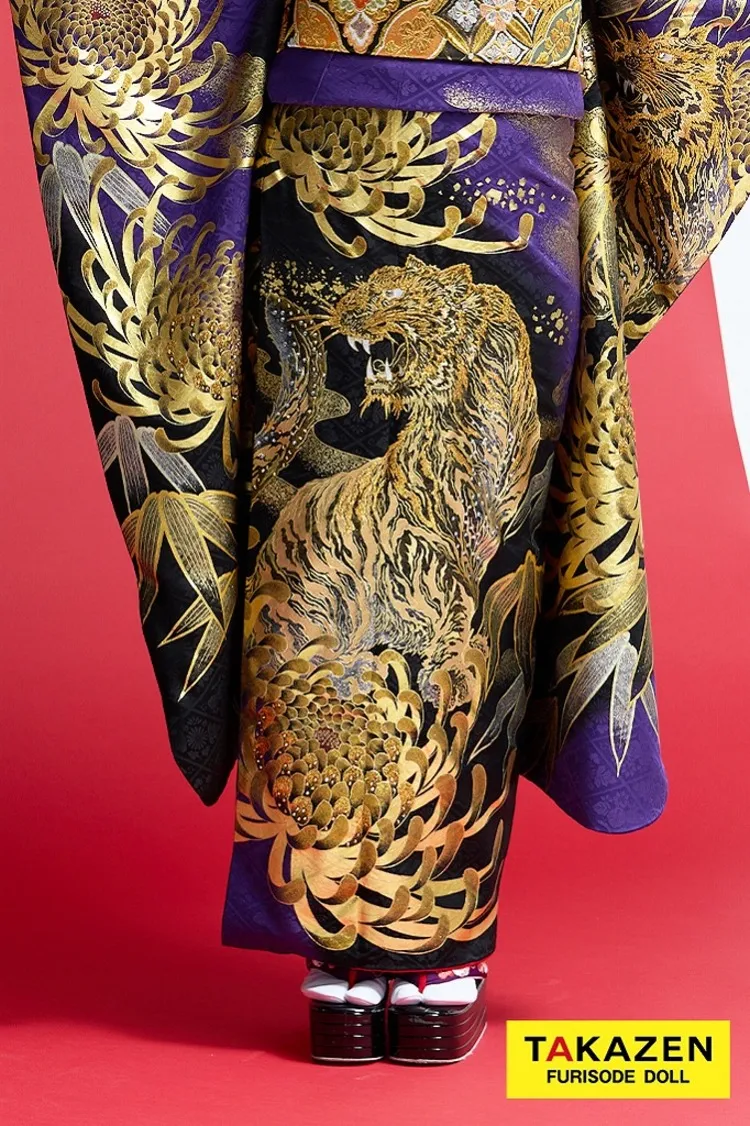 ジャパンモード　紫/ゴールド(金色)　本家虎柄　一番目立つ　ギャル振袖　ド派手　渋い　キラキラスワロフスキー付き　花魁風　今井アンジェリカ　22040