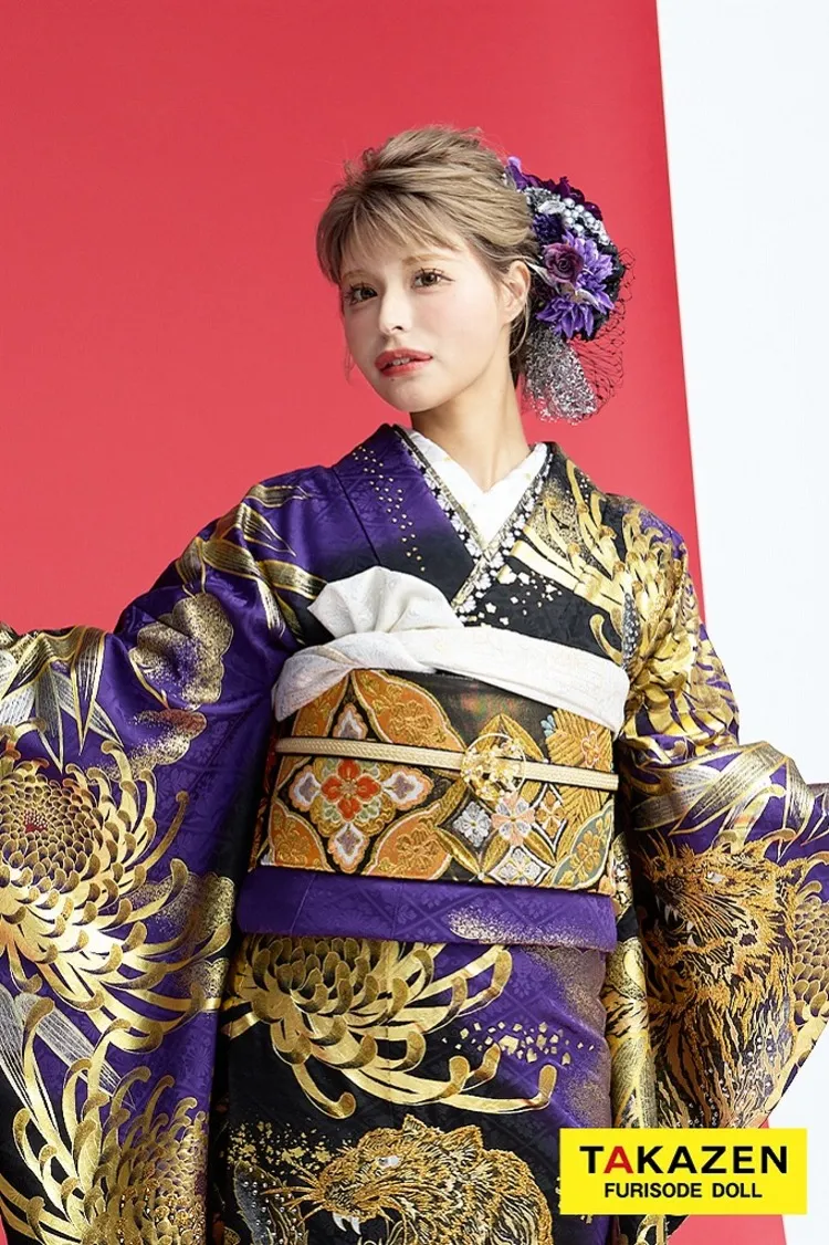 ジャパンモード　紫/ゴールド(金色)　本家虎柄　一番目立つ　ギャル振袖　ド派手　渋い　キラキラスワロフスキー付き　花魁風　今井アンジェリカ　22040