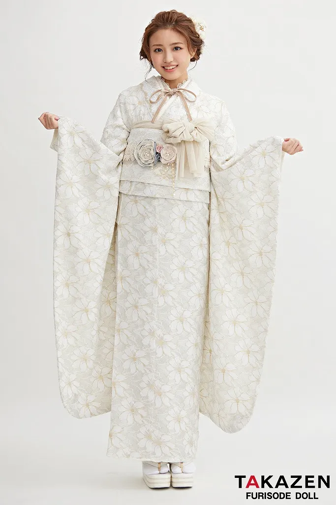 くすみカラーガーリー　白 　総レース振袖　かわいい　ホワイトコーデ　量産型　お洒落　香音(かのん)ちゃん　23015