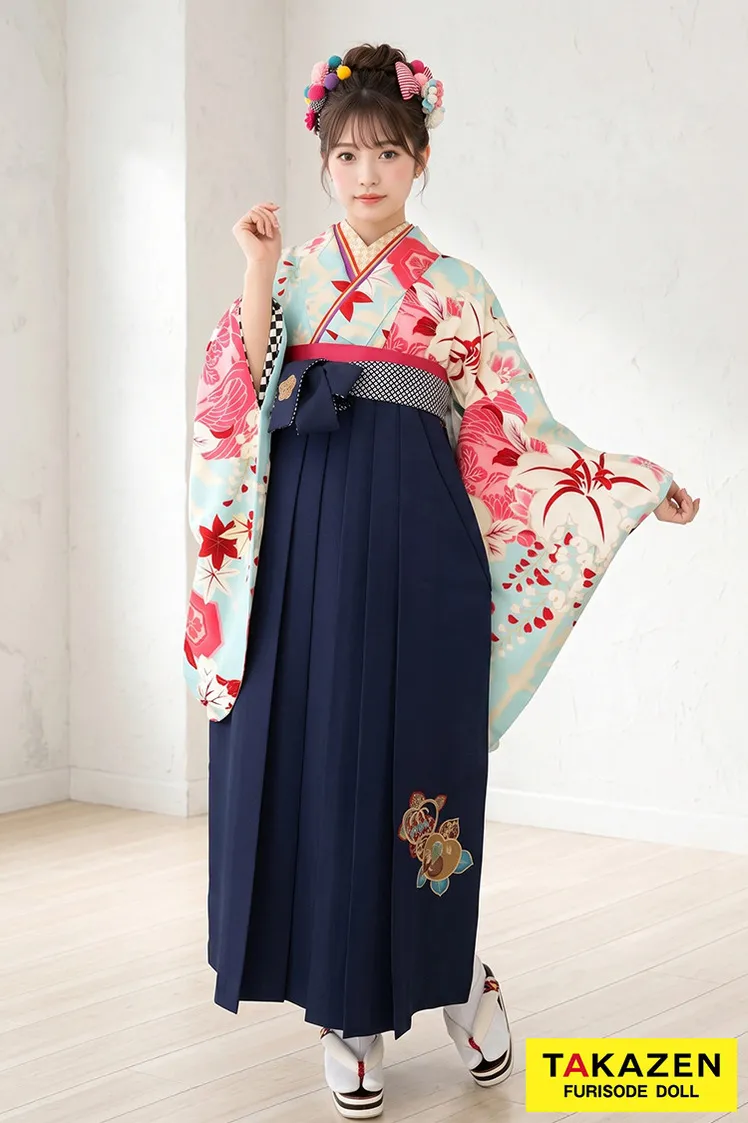 安い卒業式袴　シンプルレトロ　白/ブルー(水色)/ピンク　鶴柄　大人っぽい　個性的　シンプル袴ネットレンタル　R32004