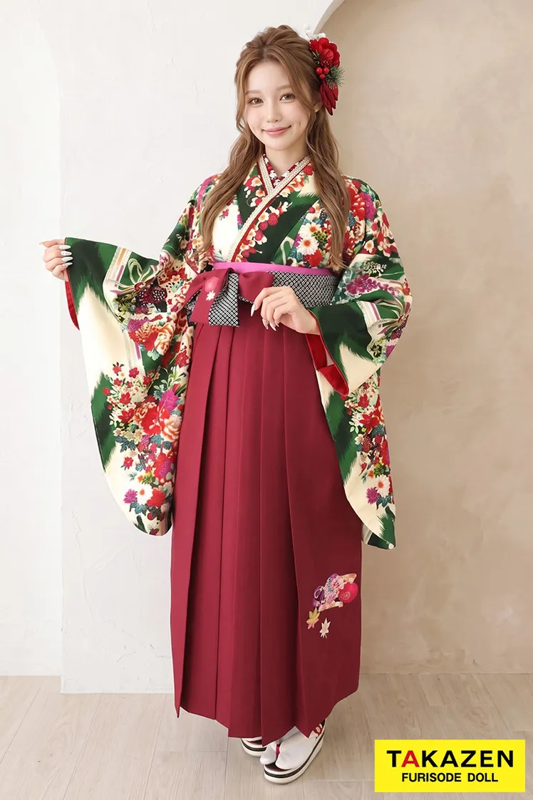 安い卒業式袴　レトロ古典　白/赤/グリーン(緑色)　小花柄/小花柄　柄小さめ　かわいい　おしゃれ袴ネットレンタル　R32018