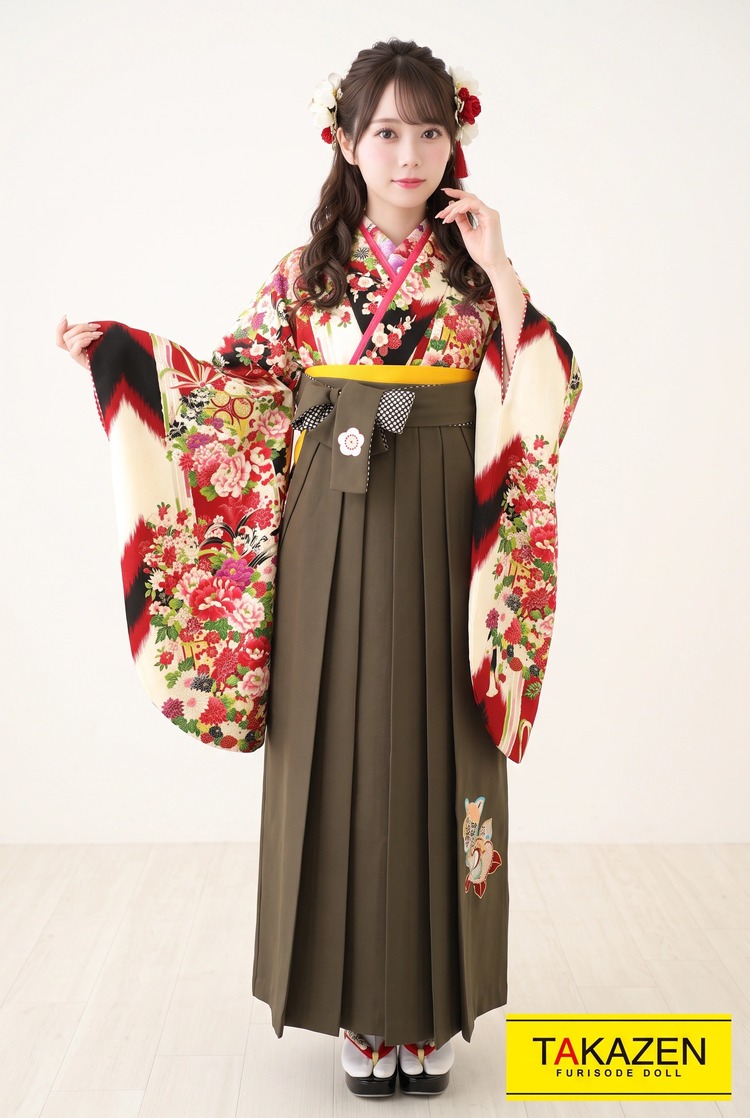 安い卒業式袴　レトロ古典　クリーム/赤/黒/グリーン(緑色)　小花柄/牡丹柄　落ち着いた色　かわいい袴ネットレンタル　R32017