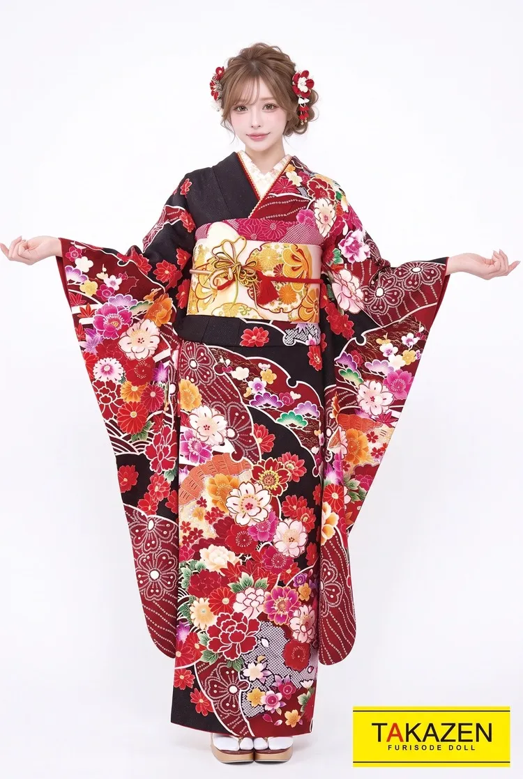 激安正統派古典　茶/赤/ブラウン　ボタン柄　格安　大人っぽい　上品　振袖ネットレンタル　プチプラ　　　32177