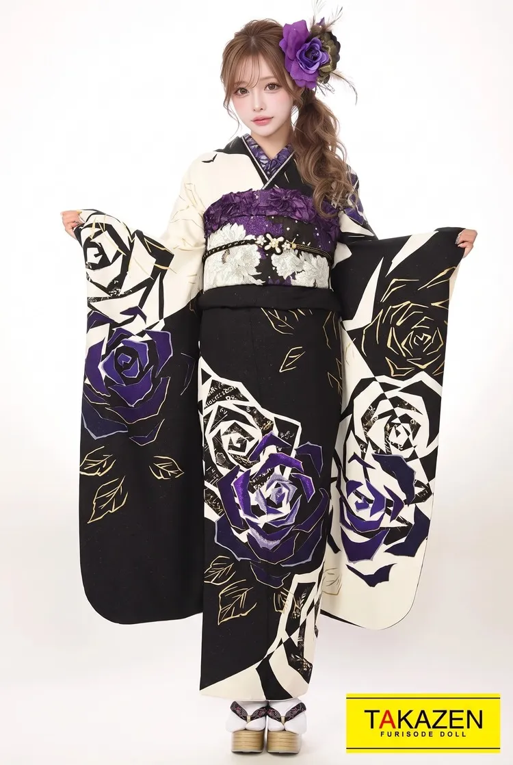黒地 六角形模様 振袖(袖丈93センチ)帯のセット 激安モード 白/黒/紫 バラ柄 人気振袖ネットレンタル お得 格安フル