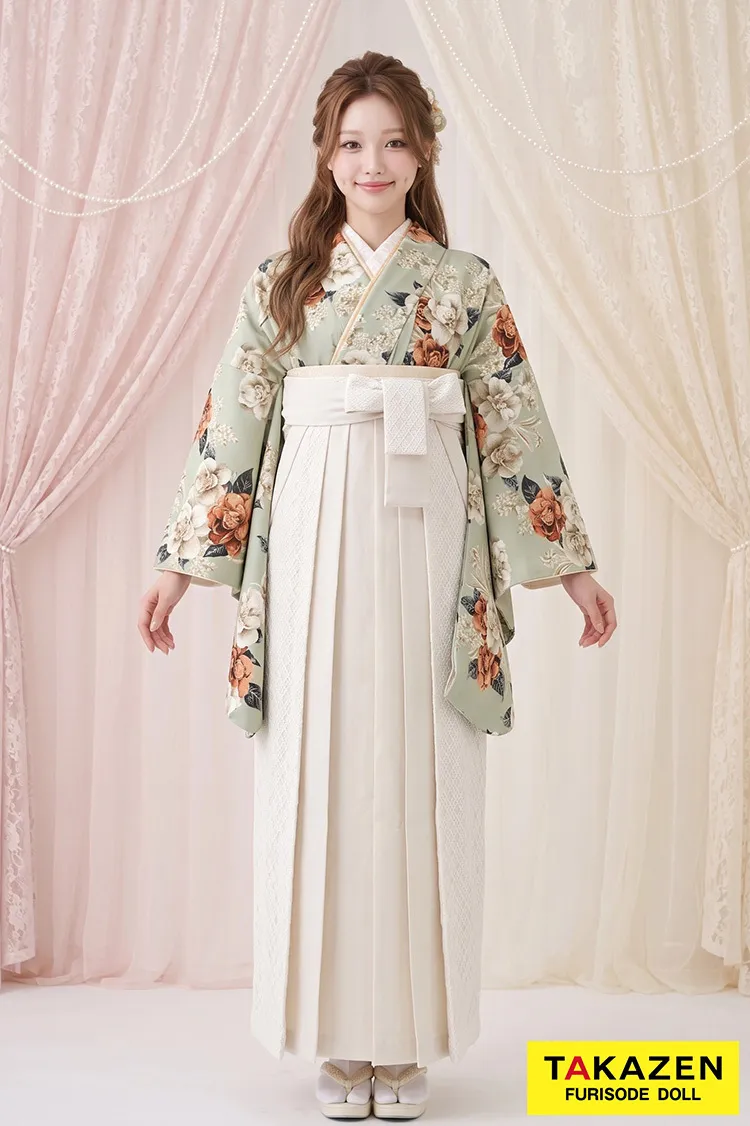 Heatherブランド袴ネットレンタル　ミントグリーン　椿柄　アンティーク調　かわいい　フェミニン　おしとやか　レース素材袴　R26044