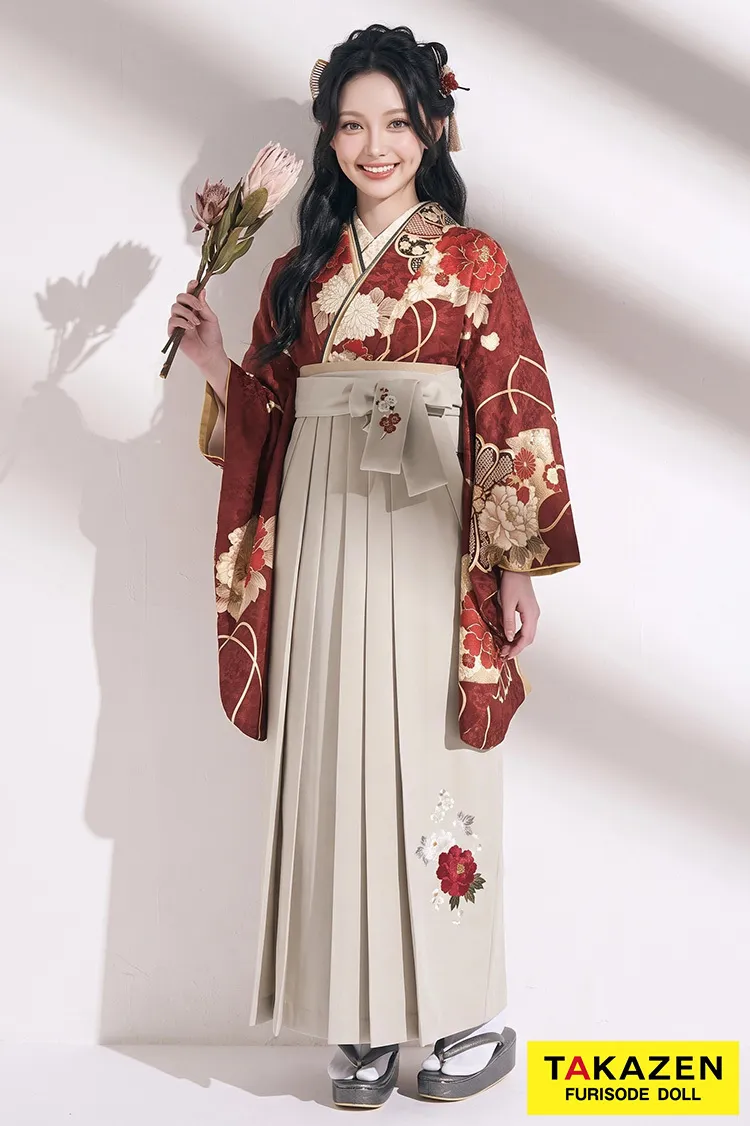 九重ブランド袴ネットレンタル　エンジ　牡丹柄　モダン　古典柄　華やか　きれいめ　大人っぽい　古風　大正ロマン　R26053