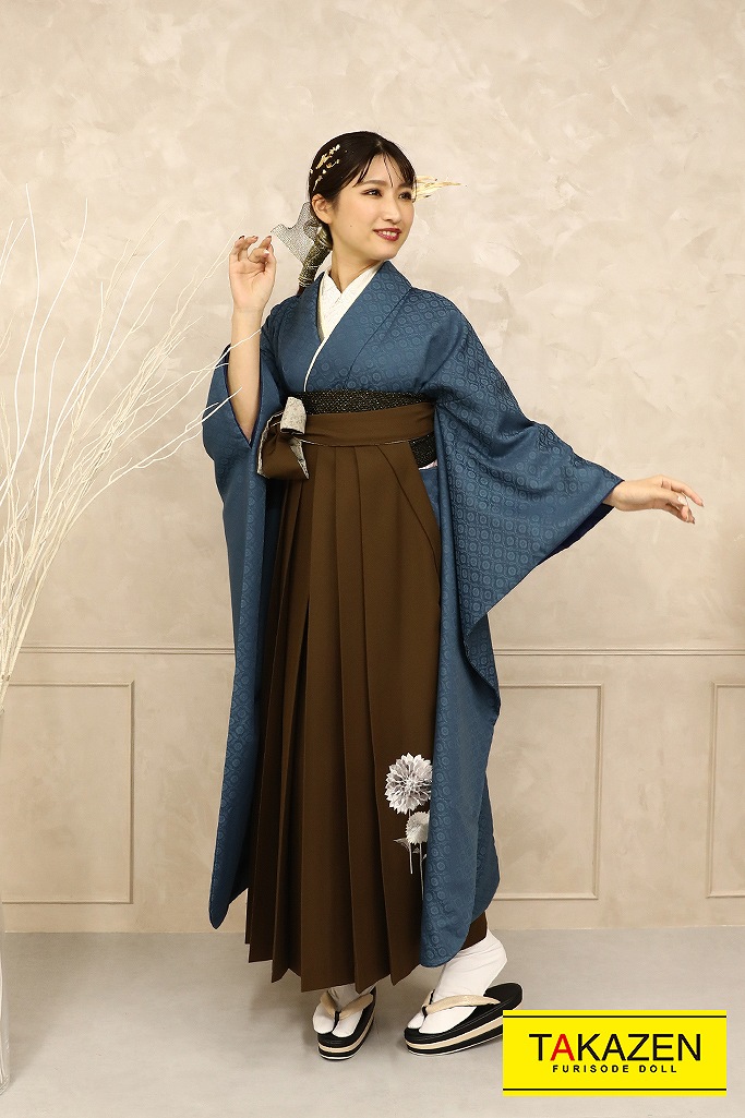 ヴィンテージスタイル　青　トレンドシンプルスタイル袴ネットレンタル(個性的な着こなし)　RY140