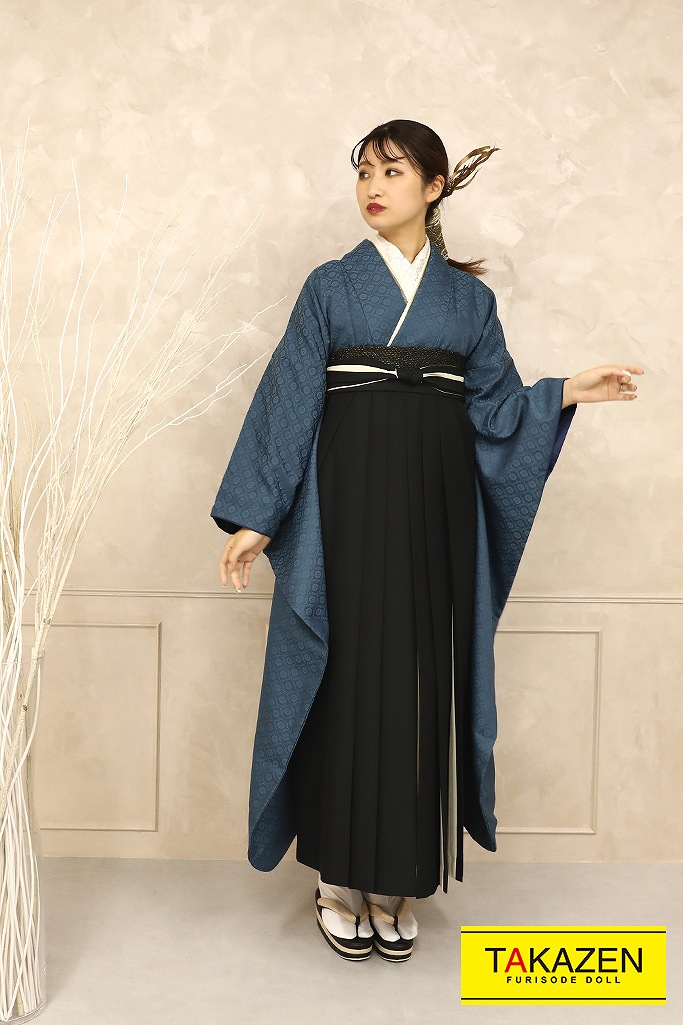 ヴィンテージスタイル　青　トレンドシンプルスタイル袴ネットレンタル(個性的な着こなし)　RY140