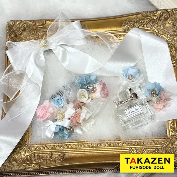 ガーリーリボン髪飾り 白/水色 小花 おしゃれ ヘアアクセサリー ゆるふわ order52