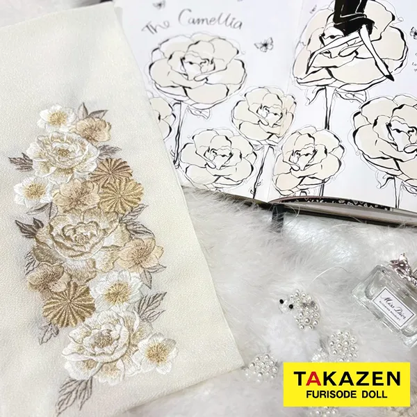 刺繍衿通販　牡丹に八重桜　ピンク/クリーム　古典柄　くすみ系　大人っぽい　半襟68