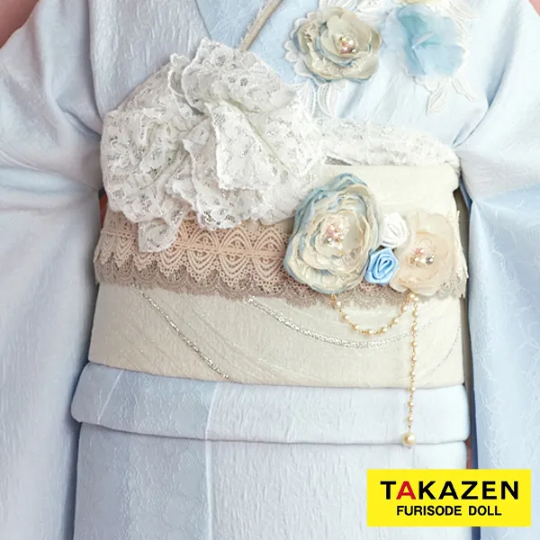 お洒落♡レース素材帯締めネットレンタル(パール付き)　水色/くすみ色