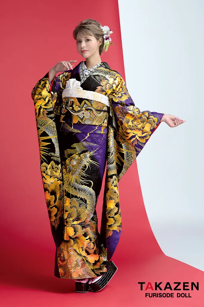 ジャパンモード　紫/黒/ゴールド(金色)　本家龍柄　渋い　派手　カッコイイ　ゴージャス　花魁風振袖　絶対目立つ　キラキラ　今井アンジェリカ　32136