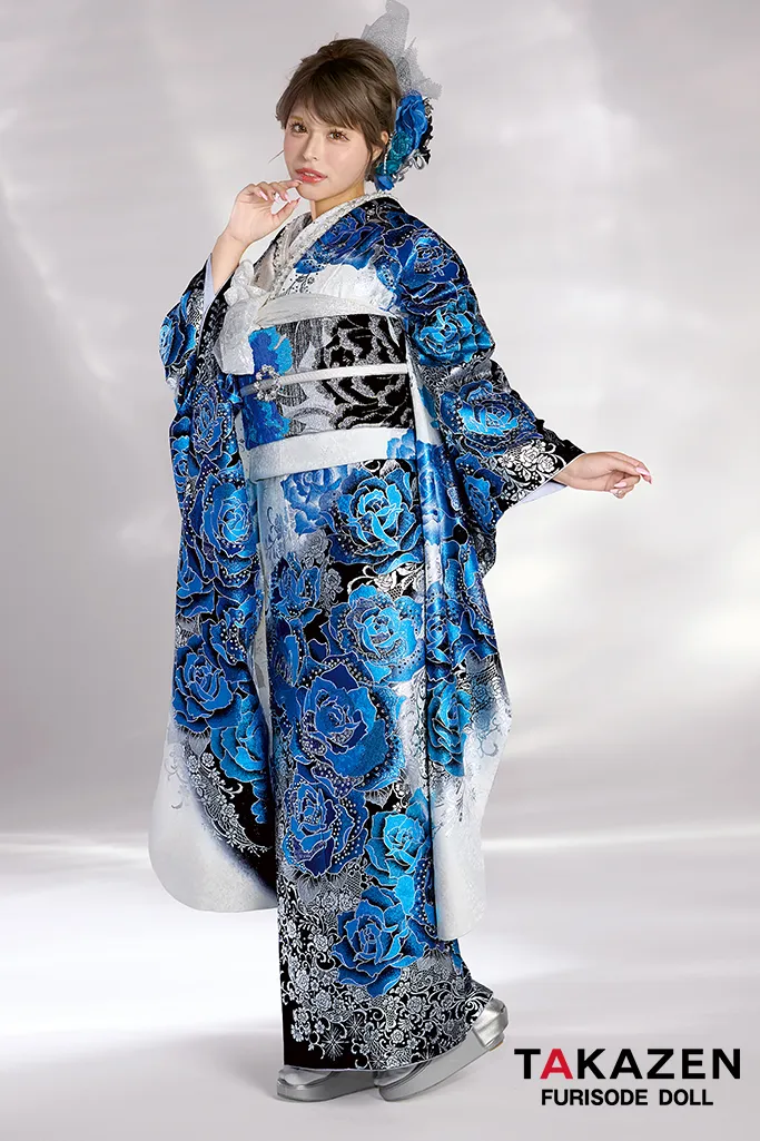 クール系　ブルー(青)/白/黒　薔薇柄　高級　派手　一番目立つ　キラキラ振袖　豪華　スワロフスキー付き　柄多い　かっこいい　今井アンジェリカ　21051