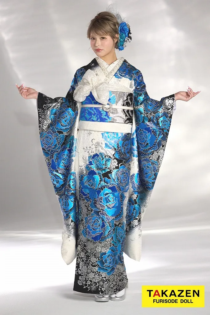 クール系　ブルー(青)/白/黒　薔薇柄　高級　派手　一番目立つ　キラキラ振袖　豪華　スワロフスキー付き　柄多い　かっこいい　今井アンジェリカ　21051