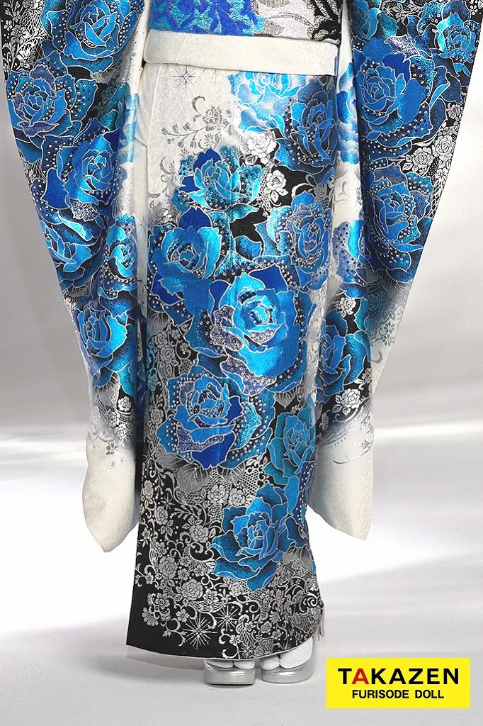 クール系　ブルー(青)/白/黒　薔薇柄　高級　派手　一番目立つ　キラキラ振袖　豪華　スワロフスキー付き　柄多い　かっこいい　今井アンジェリカ　21051