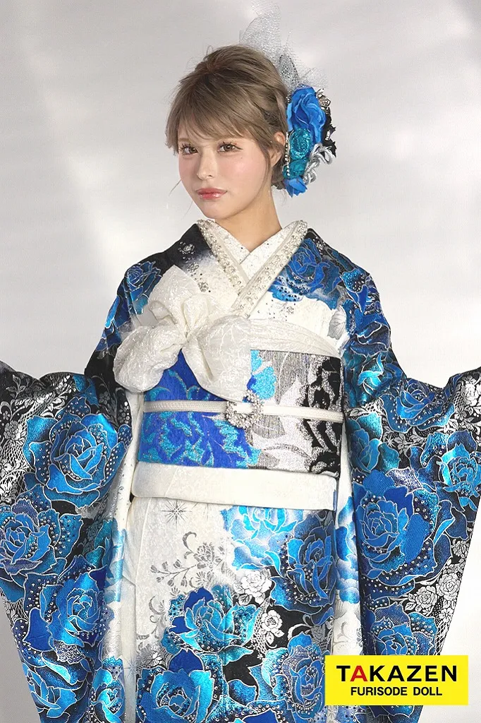 クール系　ブルー(青)/白/黒　薔薇柄　高級　派手　一番目立つ　キラキラ振袖　豪華　スワロフスキー付き　柄多い　かっこいい　今井アンジェリカ　21051