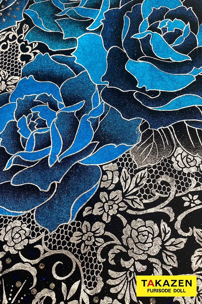 クール系　ブルー(青)/白/黒　薔薇柄　高級　派手　一番目立つ　キラキラ振袖　豪華　スワロフスキー付き　柄多い　かっこいい　今井アンジェリカ　21051