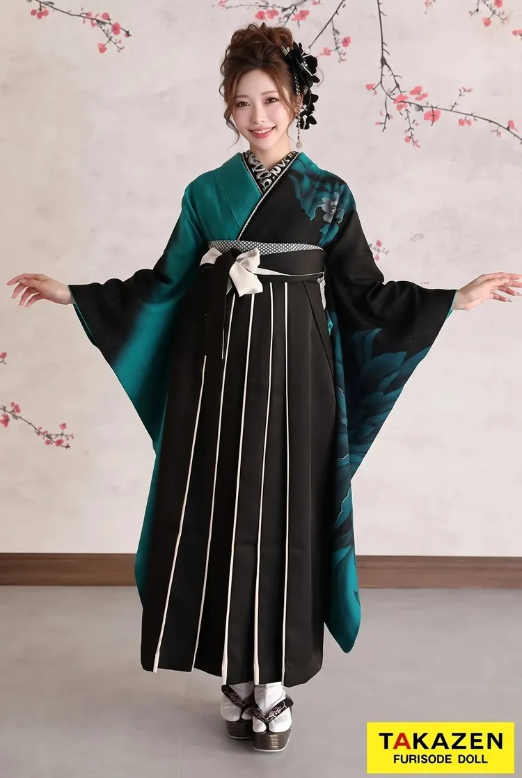 モード系　黒/エメラルドグリーン　牡丹柄/大柄　かっこいい　シンプル　目立つ　ギャル　派手袴ネットレンタル　RY158