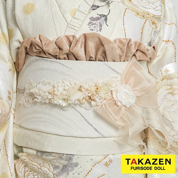 かわいいお花付きリボン髪飾り(帯締めにも使える♡)　ヘッドドレス通販　白/ベージュ