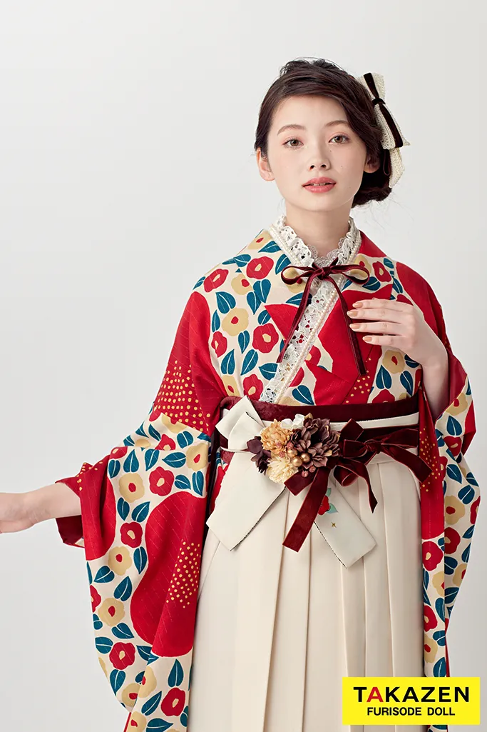 レトロ　赤/クリーム　椿柄/総柄　アンティーク調　おしゃれ　かわいい　トレンド袴ネットレンタル　ブーツスタイル　南琴奈　R25007