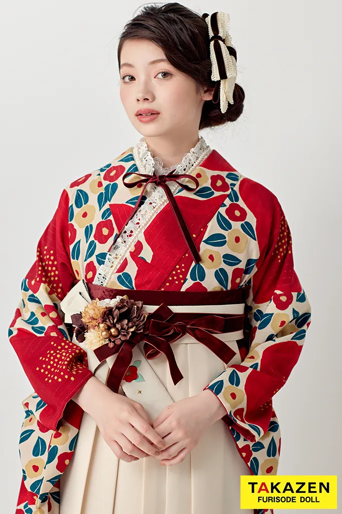 レトロ　赤/クリーム　椿柄/総柄　アンティーク調　おしゃれ　かわいい　トレンド袴ネットレンタル　ブーツスタイル　南琴奈　R25007