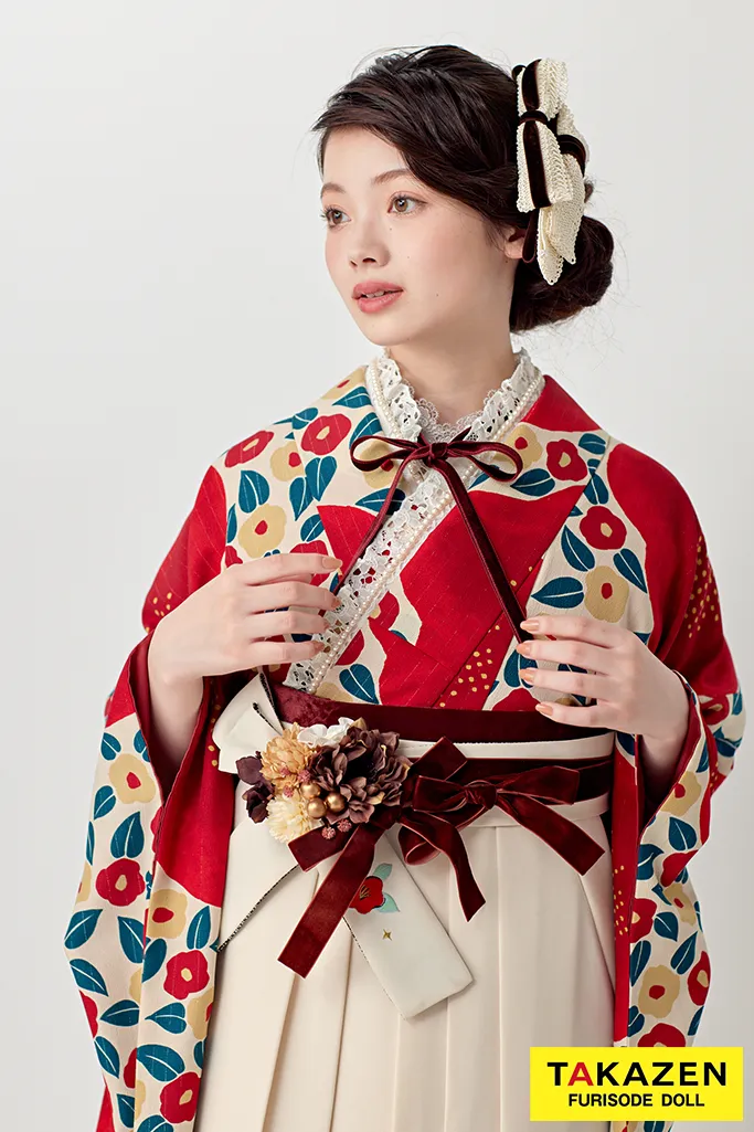 レトロ　赤/クリーム　椿柄/総柄　アンティーク調　おしゃれ　かわいい　トレンド袴ネットレンタル　ブーツスタイル　南琴奈　R25007