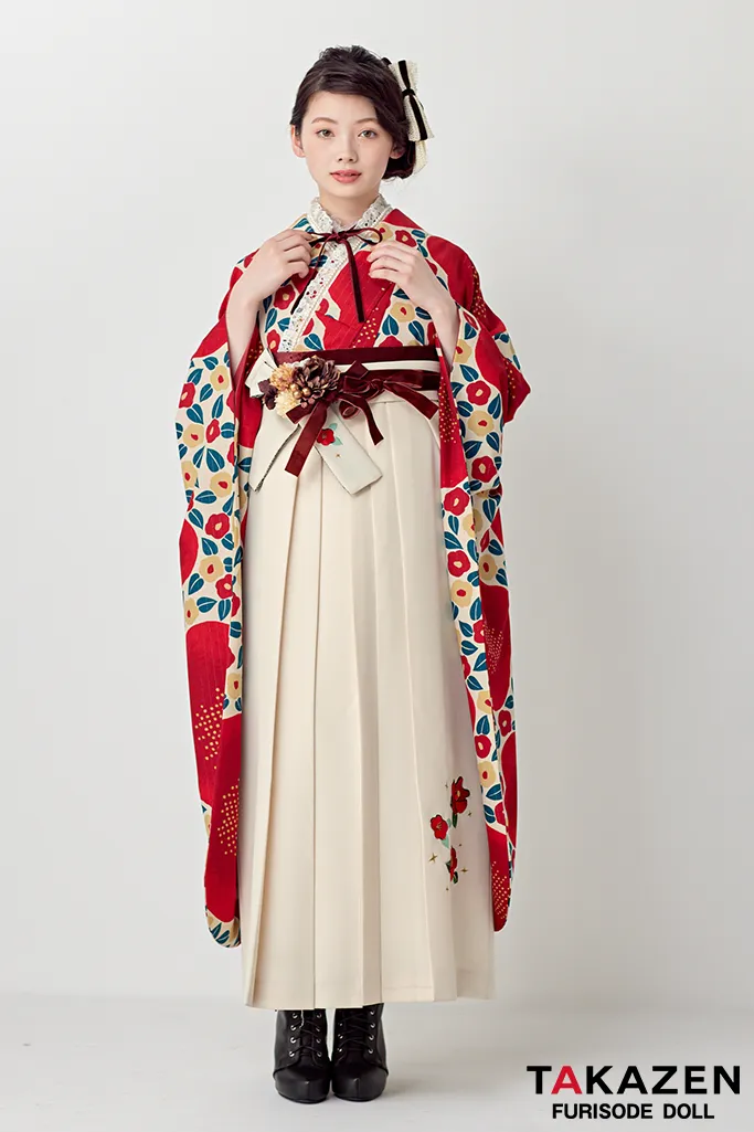 レトロ　赤/クリーム　椿柄/総柄　アンティーク調　おしゃれ　かわいい　トレンド袴ネットレンタル　ブーツスタイル　南琴奈　R25007