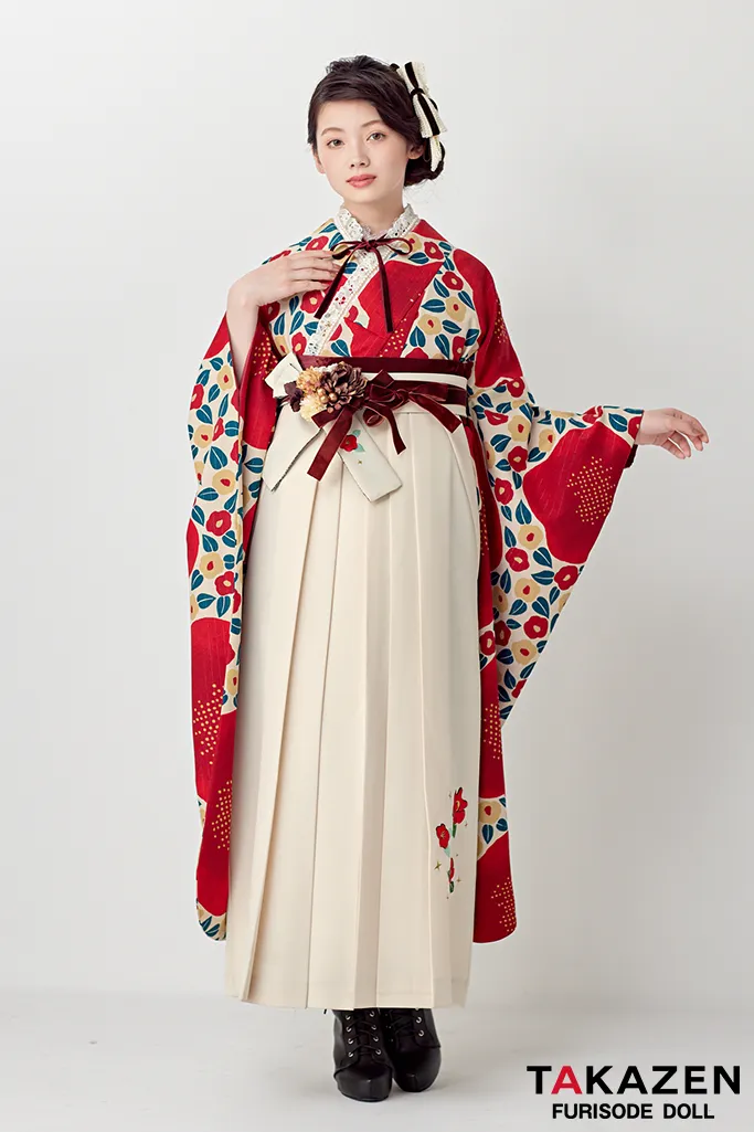 レトロ　赤/クリーム　椿柄/総柄　アンティーク調　おしゃれ　かわいい　トレンド袴ネットレンタル　ブーツスタイル　南琴奈　R25007