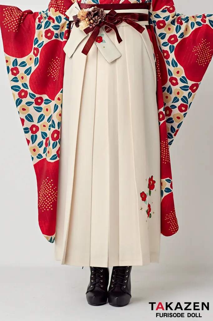 レトロ　赤/クリーム　椿柄/総柄　アンティーク調　おしゃれ　かわいい　トレンド袴ネットレンタル　ブーツスタイル　南琴奈　R25007