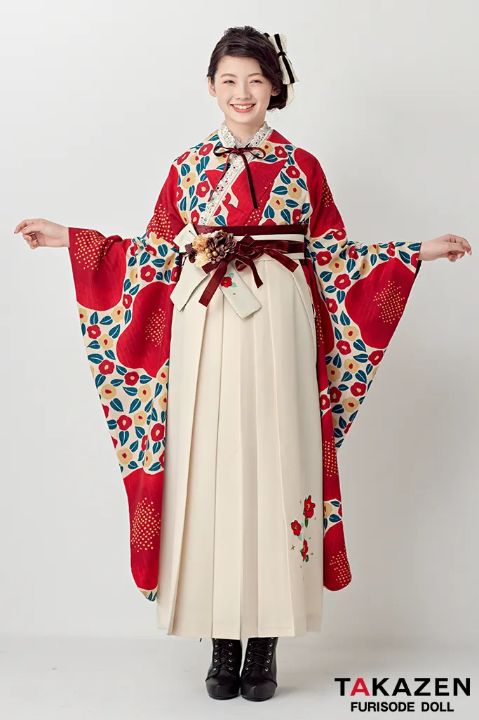 レトロ　赤/クリーム　椿柄/総柄　アンティーク調　おしゃれ　かわいい　トレンド袴ネットレンタル　ブーツスタイル　南琴奈　R25007