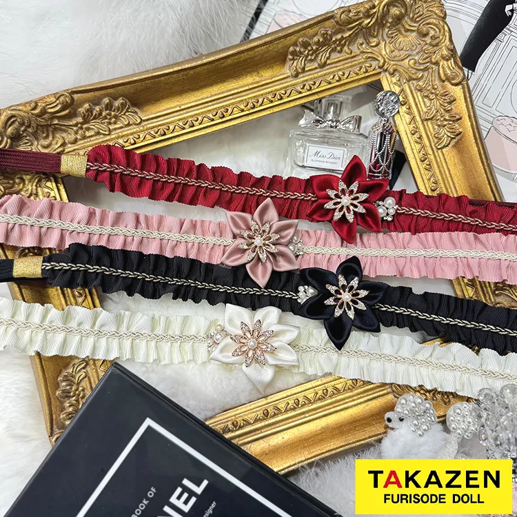 フリルとお花のエレガントな帯締め　白/黒/赤/ピンク　豪華　ビジュー　花飾り付き　フリル　帯締め55