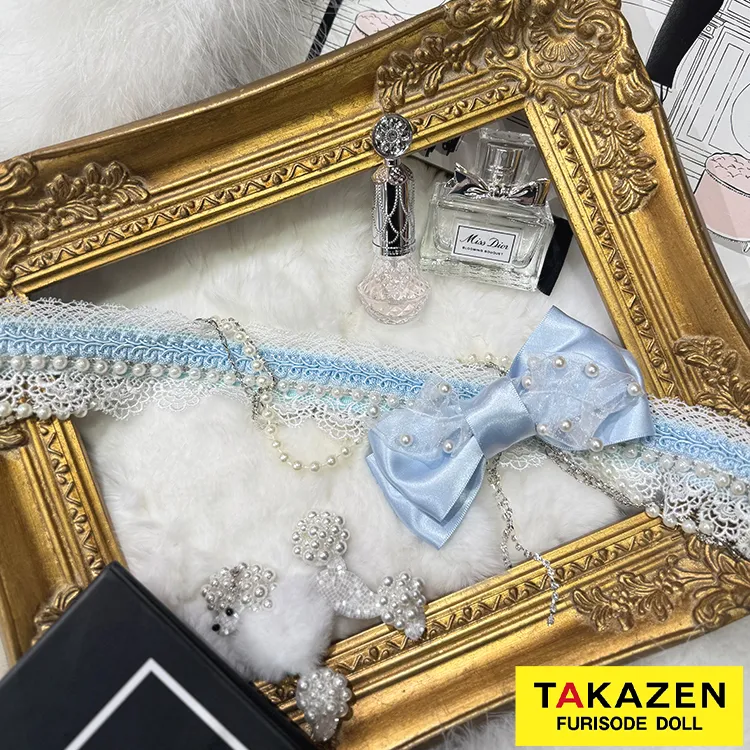 パールチェーン付き帯締めネットレンタル　リボンパーツ　かわいい　おしゃれ　水色　ヘップバーン