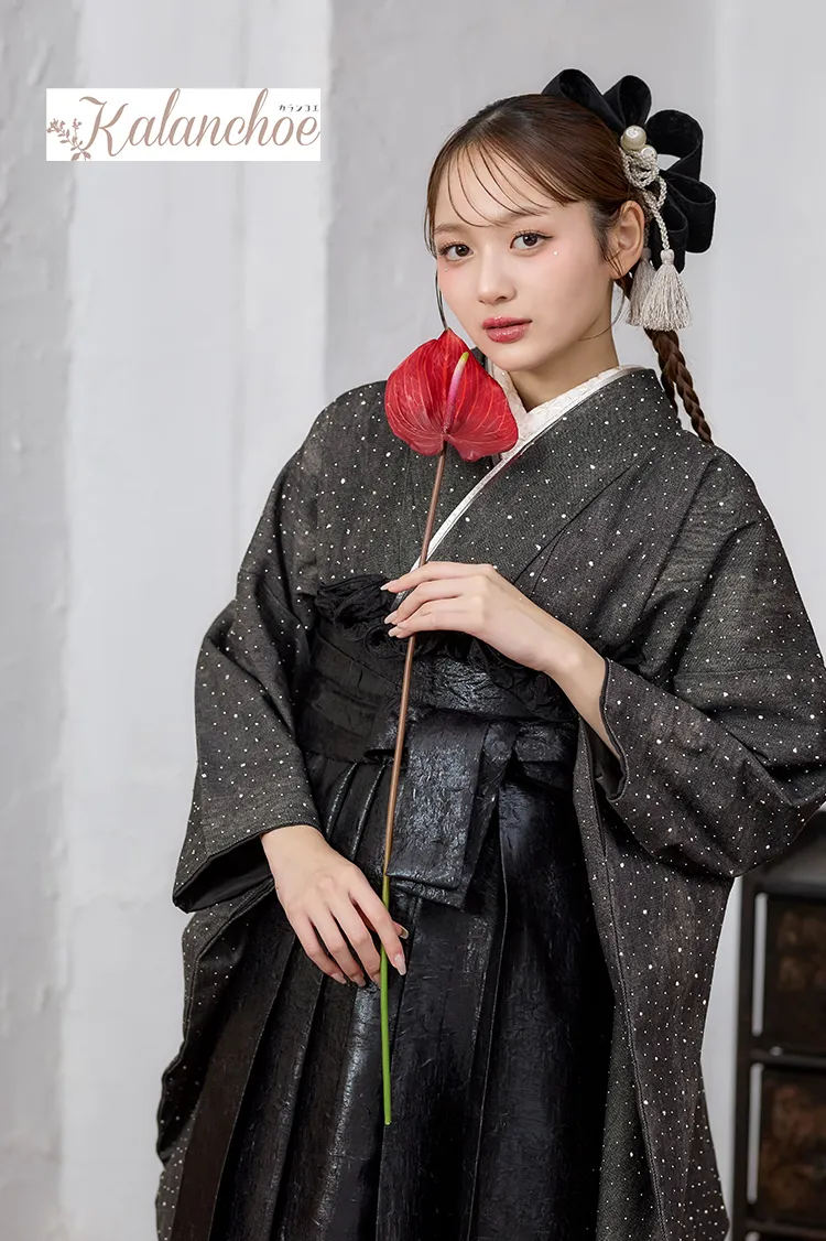 ヴィンテージ袴ネットレンタル　グレー　デニム生地　キラキラストーン付き　おしゃれ　ブーツコーデ　R26078