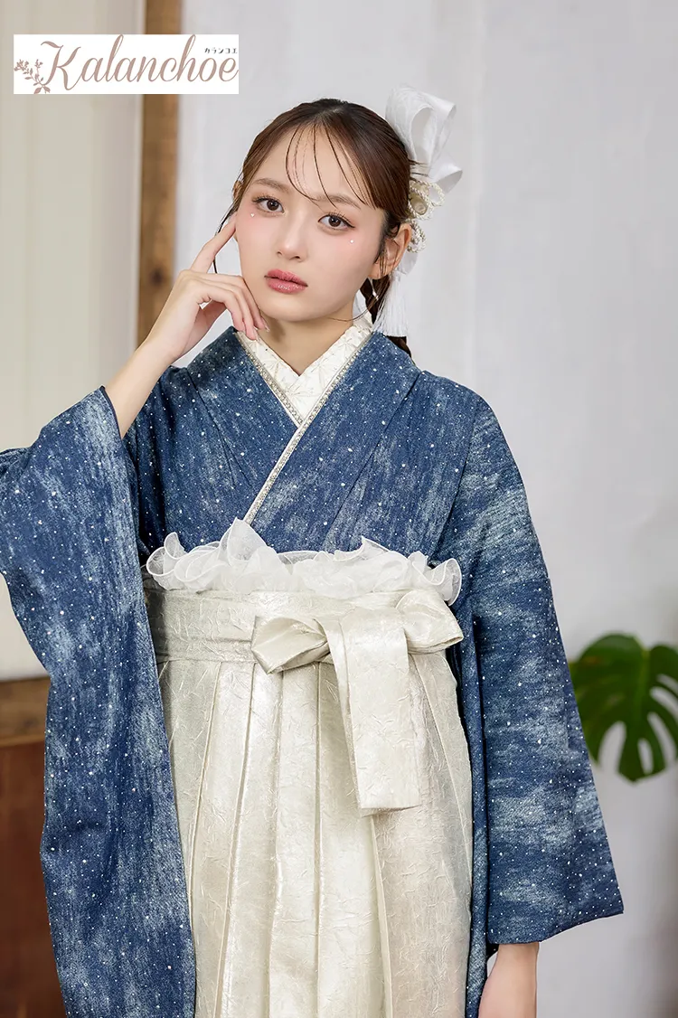 ヴィンテージ袴ネットレンタル　インディゴブルー　デニム生地　キラキラストーン付き　おしゃれ　ブーツコーデ　R26079