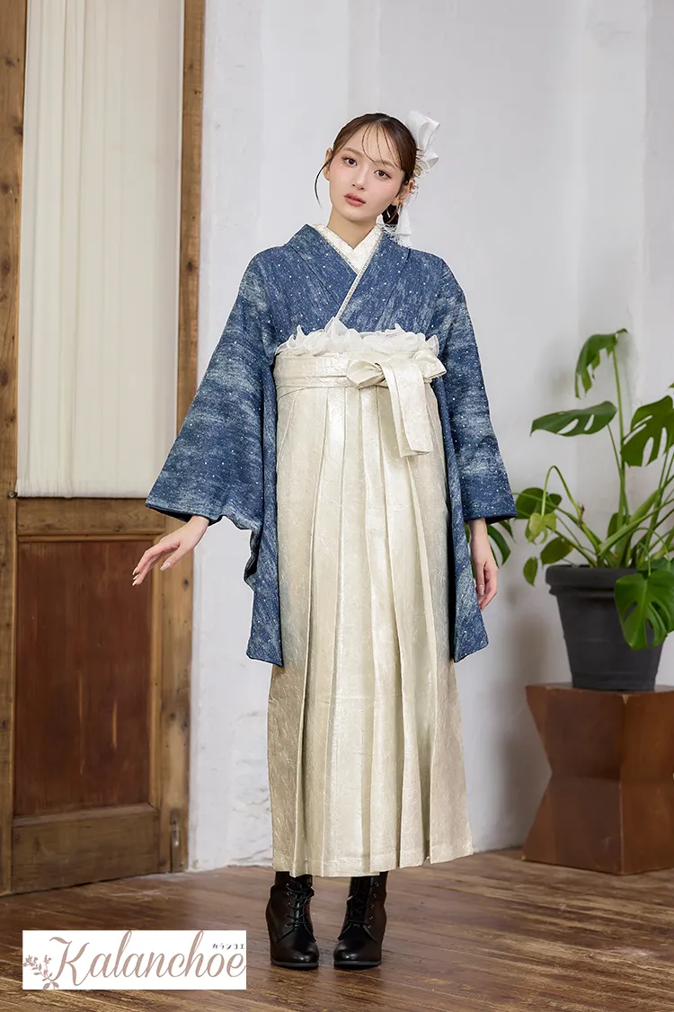 ヴィンテージ袴ネットレンタル　インディゴブルー　デニム生地　キラキラストーン付き　おしゃれ　ブーツコーデ　R26079