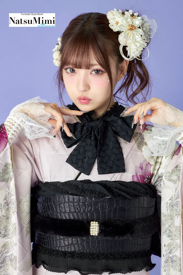 NatsuMimiブランド振袖ネットレンタル　くすみピンク　ボタン柄　キュート　地雷系　病みかわコーデ　K1277