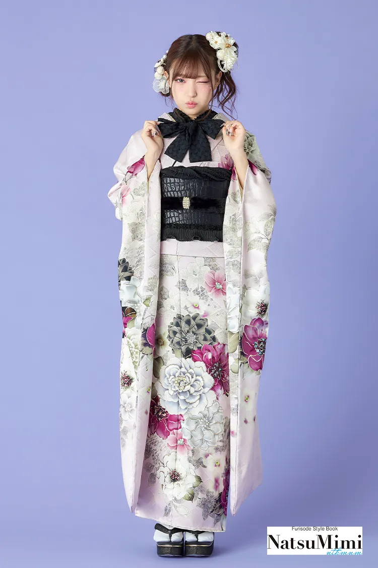 NatsuMimiブランド振袖ネットレンタル　くすみピンク　ボタン柄　キュート　地雷系　病みかわコーデ　K1277