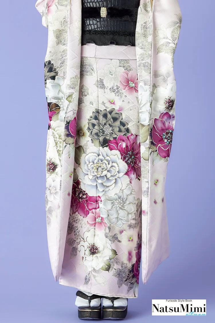 NatsuMimiブランド振袖ネットレンタル　くすみピンク　ボタン柄　キュート　地雷系　病みかわコーデ　K1277