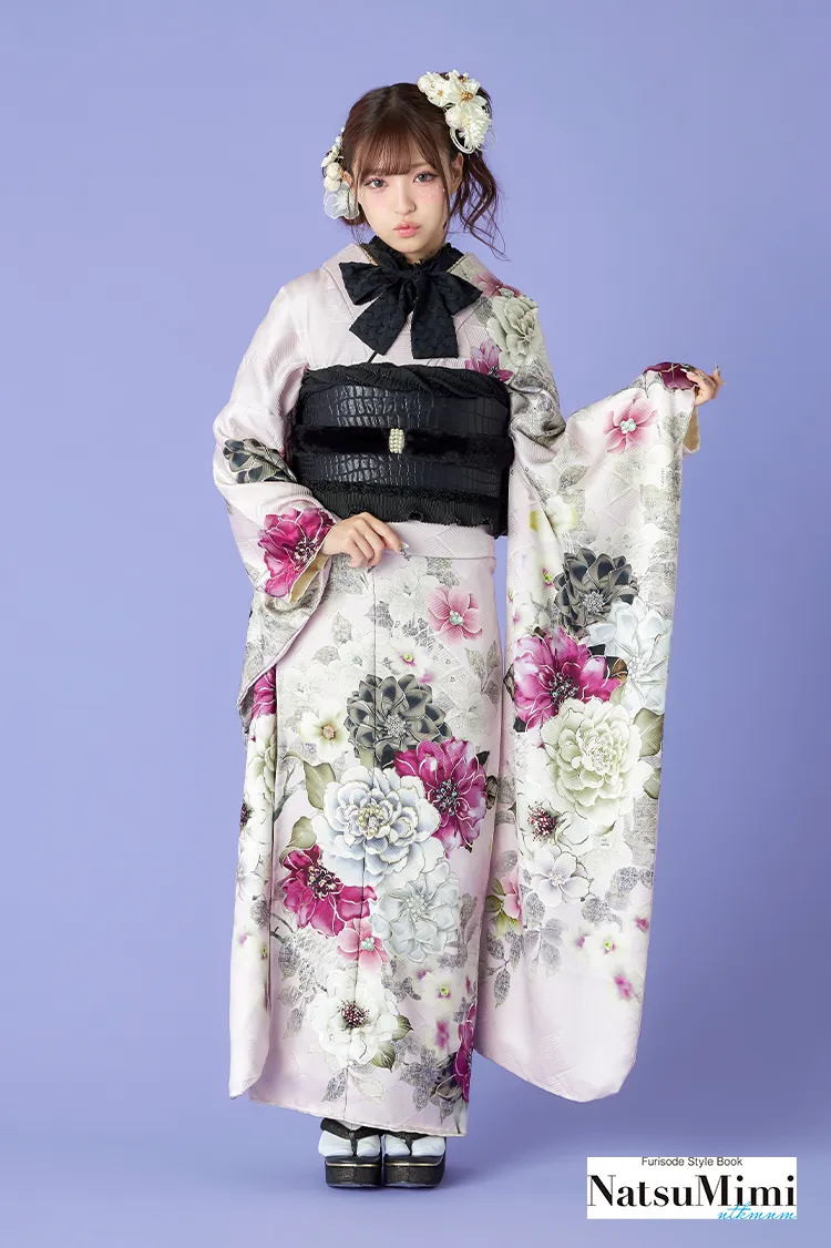 NatsuMimiブランド振袖ネットレンタル　くすみピンク　ボタン柄　地雷系　病みかわコーデ　K1277