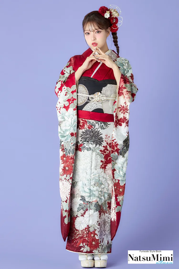 NatsuMimiブランド振袖ネットレンタル　赤　菊柄/牡丹柄　きれいめ　大人っぽい　今どきの着こなし　　K1278