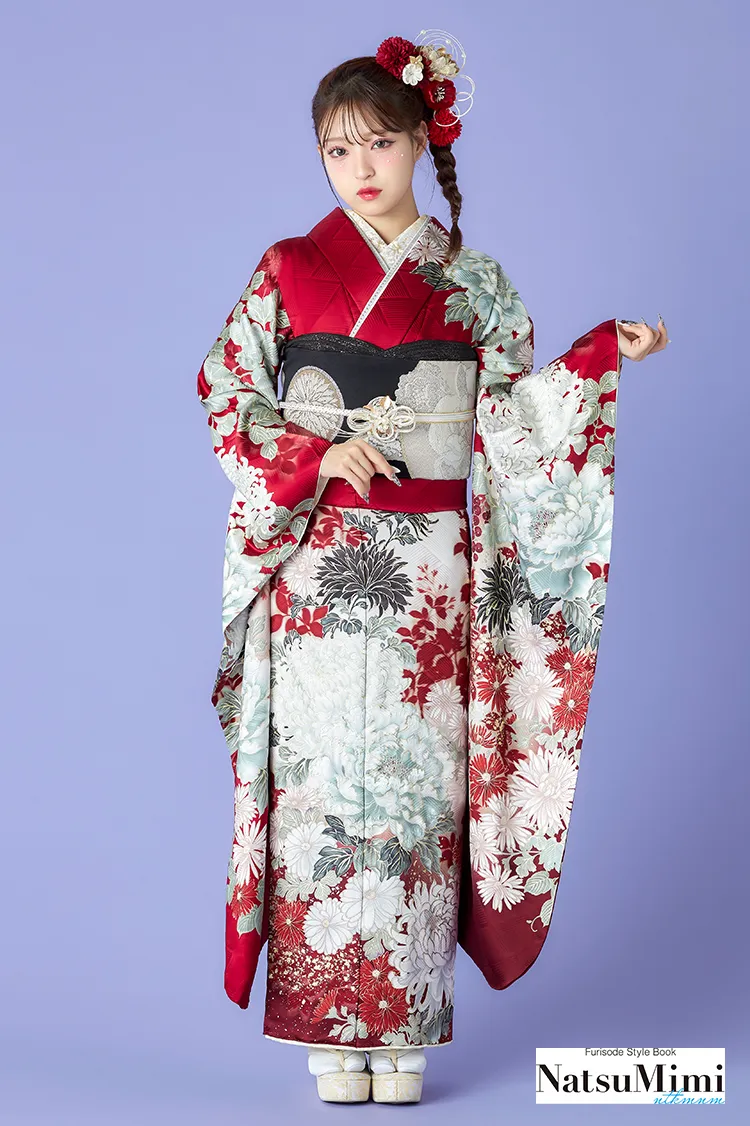 NatsuMimiブランド振袖ネットレンタル　赤　菊柄/牡丹柄　正統派古典　きれいめ　大人っぽい　今どきの着こなし　　K1278