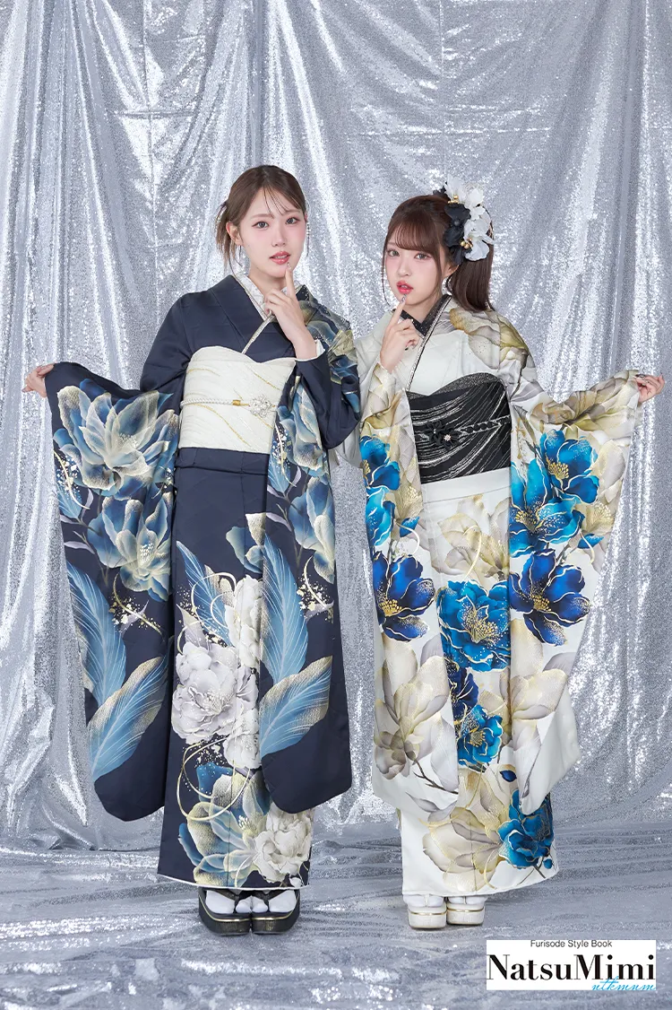 NatsuMimiブランド振袖ネットレンタル　白/青　ボタン柄　モード系　きれいめ　大人っぽい　寒色系　K1279