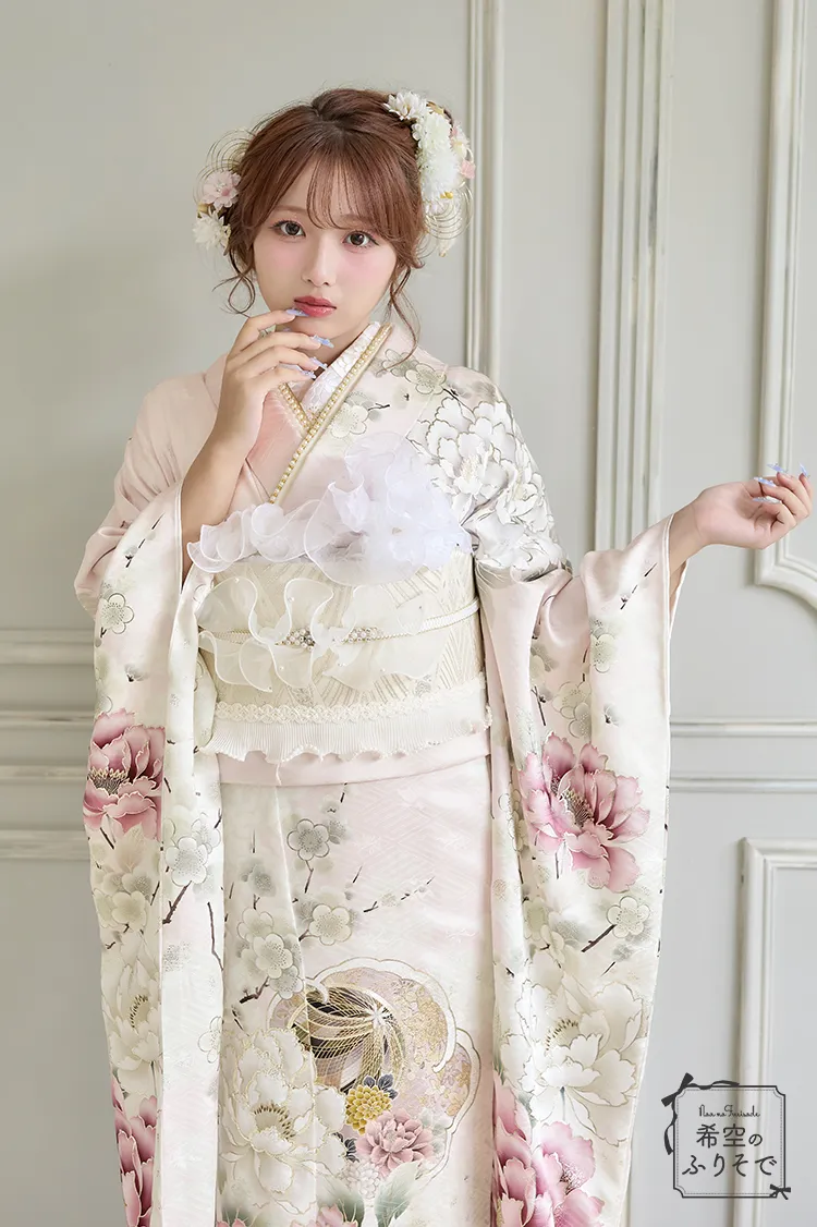 希空のふりそでネットレンタルネットレンタル　ピンク　牡丹柄　かわいい　キュート　ガーリーな着こなし　ゆるふわ　K1280