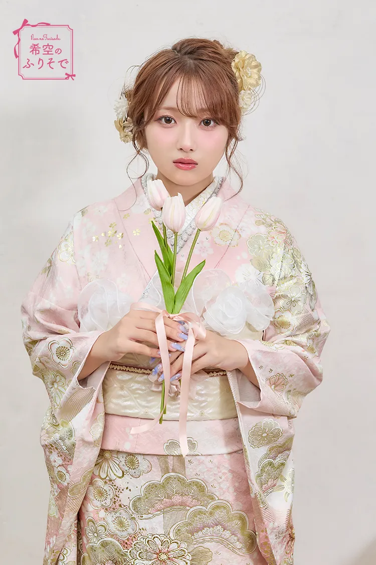 希空のふりそでネットレンタル　ピンク　牡丹柄　かわいい着こなし　キュート　統一感のあるコーディネート　ゆるふわ　K1281