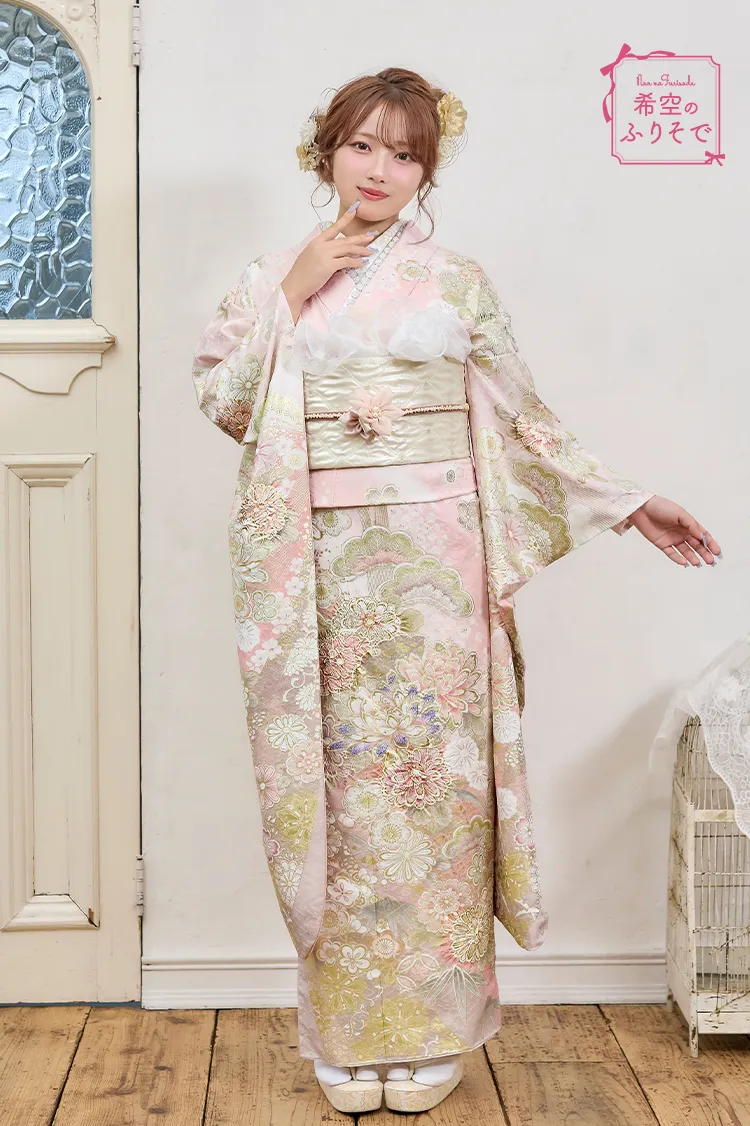 希空のふりそでネットレンタル　ピンク　牡丹柄　かわいい着こなし　キュート　統一感のあるコーディネート　ゆるふわ　K1281