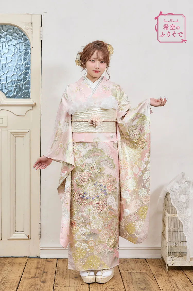 希空のふりそでネットレンタル　ピンク　牡丹柄　かわいい着こなし　キュート　統一感のあるコーディネート　ゆるふわ　K1281