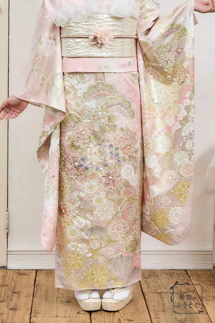 希空のふりそでネットレンタル　ピンク　牡丹柄　かわいい着こなし　キュート　統一感のあるコーディネート　ゆるふわ　K1281